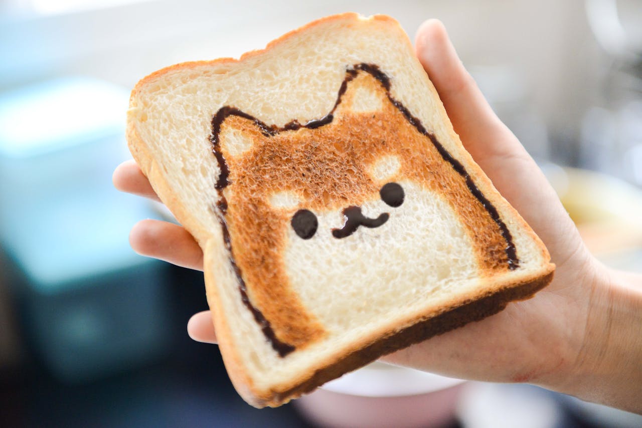 Services Adorable Shiba Inu face toast art, perfect for breakfast fun, held by hand in a bright setting.