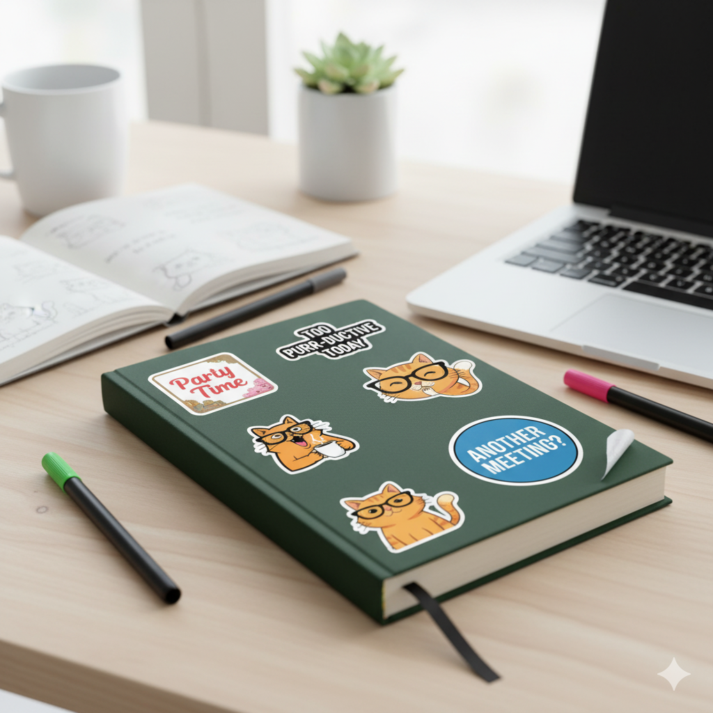 cat stickers on book