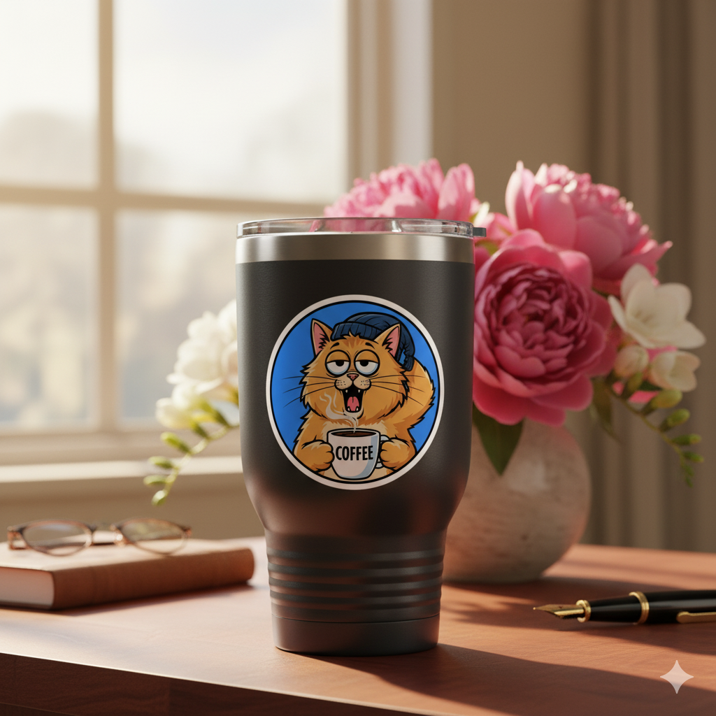 cat sticker on coffee mug